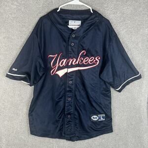 Vintage New York Yankees Jersey Mens Large Navy MLB Baseball Button Front Script